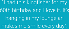 “I had this kingfisher for my 60th birthday and I love it. It’s hanging in my lounge an makes me smile every day”.